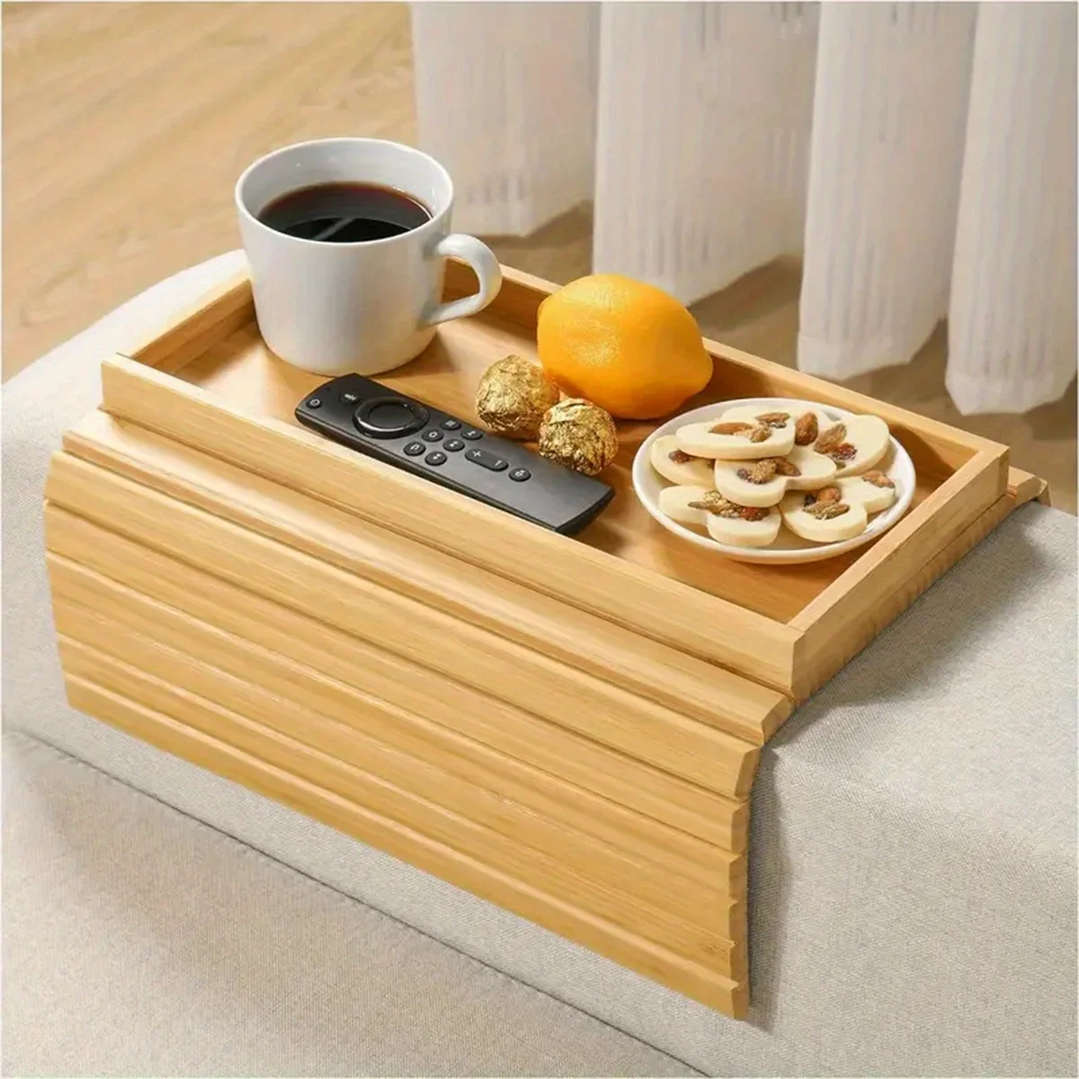 

Sofa Armrest Tray Collapsible Bamboo Sofa Armrest Table, Non-slip Sofa Armrest Tray with Cup Holder, Snack Side Table