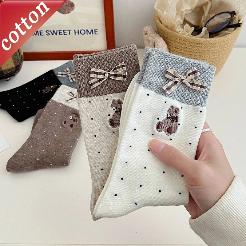 Damessokken Japanse cartoon beer boog Kawai zoete schattige veelzijdige sokken adem comfortabele katoenen sokken van hoge kwaliteit voor meisjes