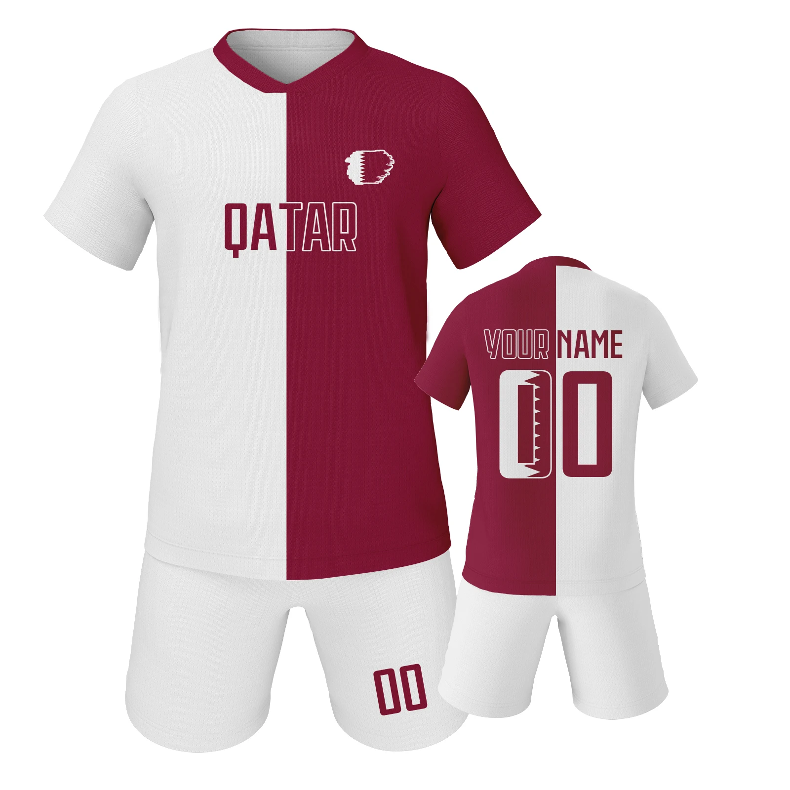 

Qatar Printed White Red Soccer Set Personalized Soccer Uniform for Kids Custom Splicing Style Youth Jersey and Shorts Kit