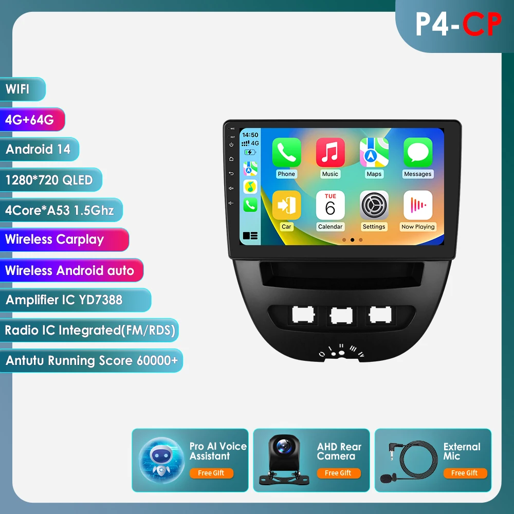 2din Carplay Android 14 Autoradio voor Peugeot 107 Toyota Aygo Citroen C1 2005-2014 Multimedia Speler 6115 Autoradio GPS 360 Camera