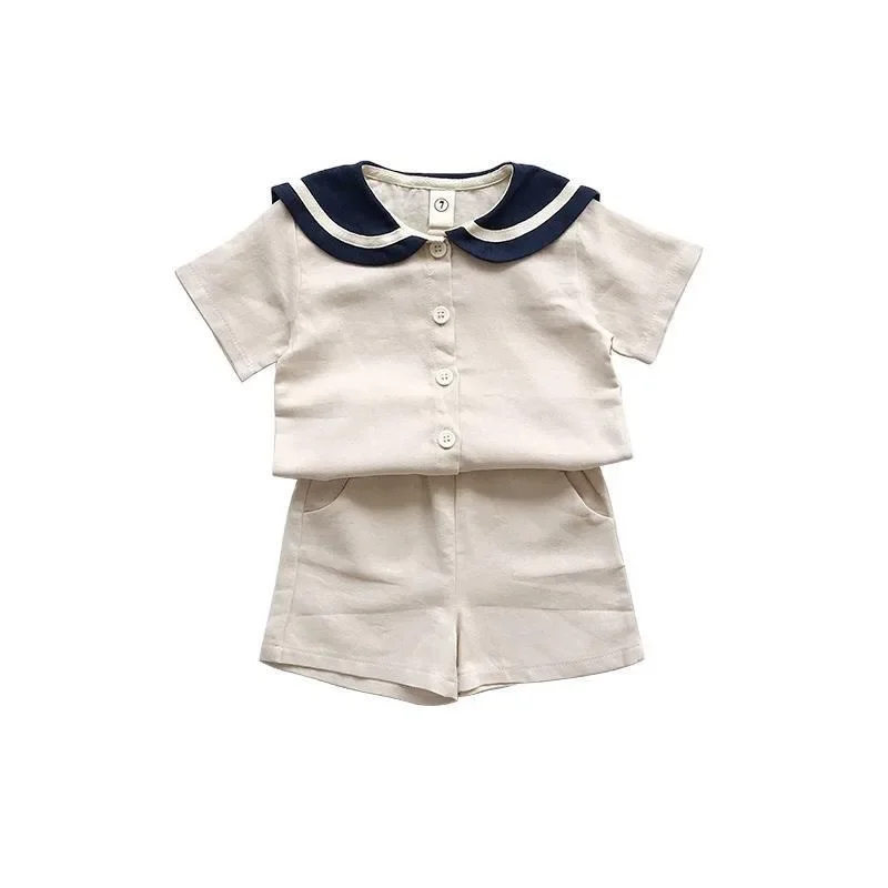 Camiseta y pantalones de lino y algodón para niños, conjunto de ropa de verano con cuello de marinero estilo marino, humor de oso japonés coreano, trajes