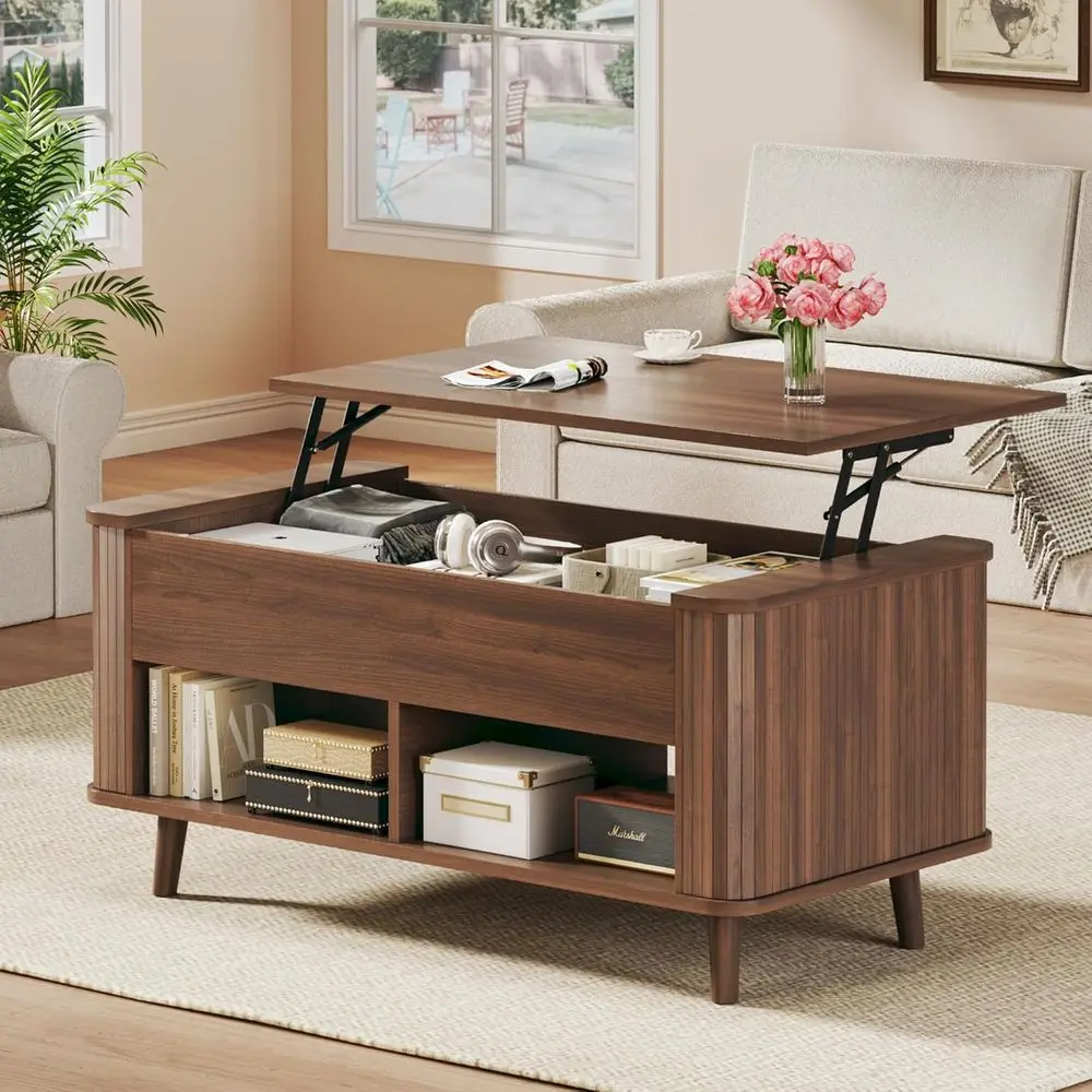 

Mid-Century Modern Coffee Table with Storage, 41 Walnut Table with Rounded & Curved Profile, Hidden Compartment, Suitable for Ce