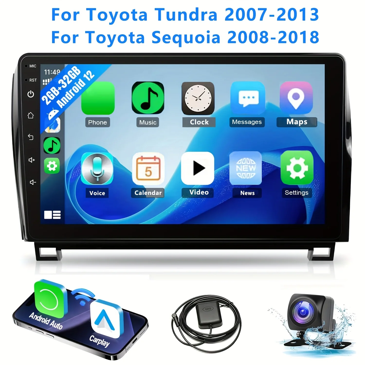 

10.1inch IPS Touch Screen Stereo, Wireless Carplay Android Auto Bluetooth GPS WiFi FM for Toyota Tundra 2007-2013 Toyota Sequoia