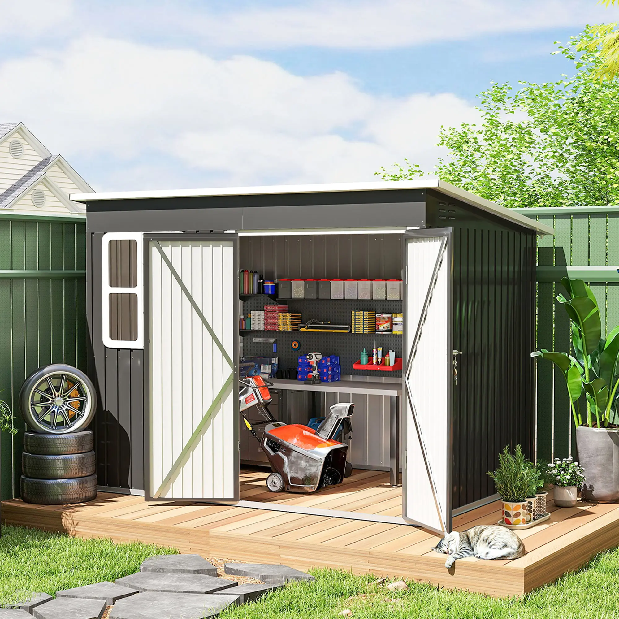 Caseta de Almacenamiento Metálica con Ventanas y Puertas Anchas, para Guardar Herramientas de Jardinería, Dimensiones: 260 x 177 x 190 cm, Gris Oscuro