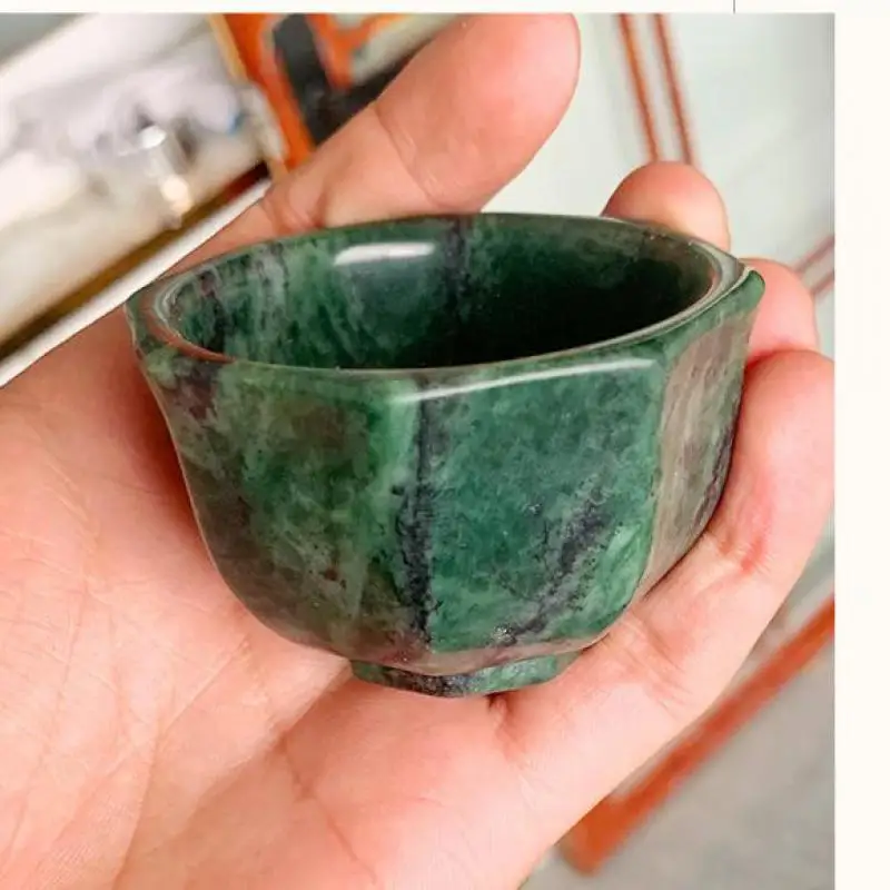 Medicine King Stone Jade Teacups Chinese Tea Ceremony Tibetan Healing Magnet Stones Gongfu Teaware Green Jade Octagonal Cups