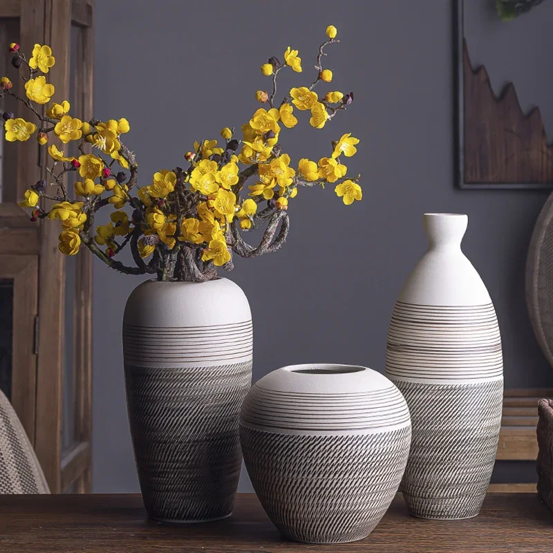 Modern Desktop Ceramic Vase Living Room Retro Stoneware Decoration Flower Arrangement Dried Flowers Simple Home Decoration Vase