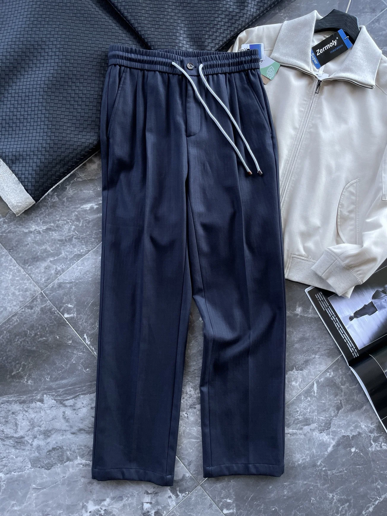 

Lyocell mixed linen Italian elastic waist straight wide-leg slacks