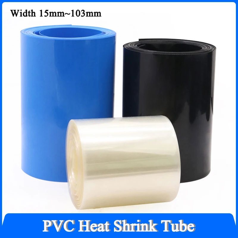 2/3/5/10M PVC Heat Shrink Tube Black Blue Clear Heat Shrinkable Wrap Width 15mm~103mm Lithium Film Case for Battery Packs