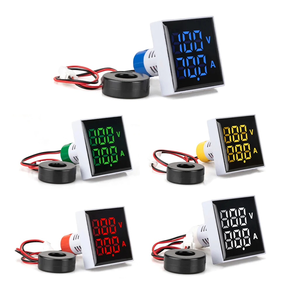 49mm AC 60-500V 0-100A Round Square Digital Voltmeter Ammeter Meter Amp Volt Voltage Tester Dual LED Indicator