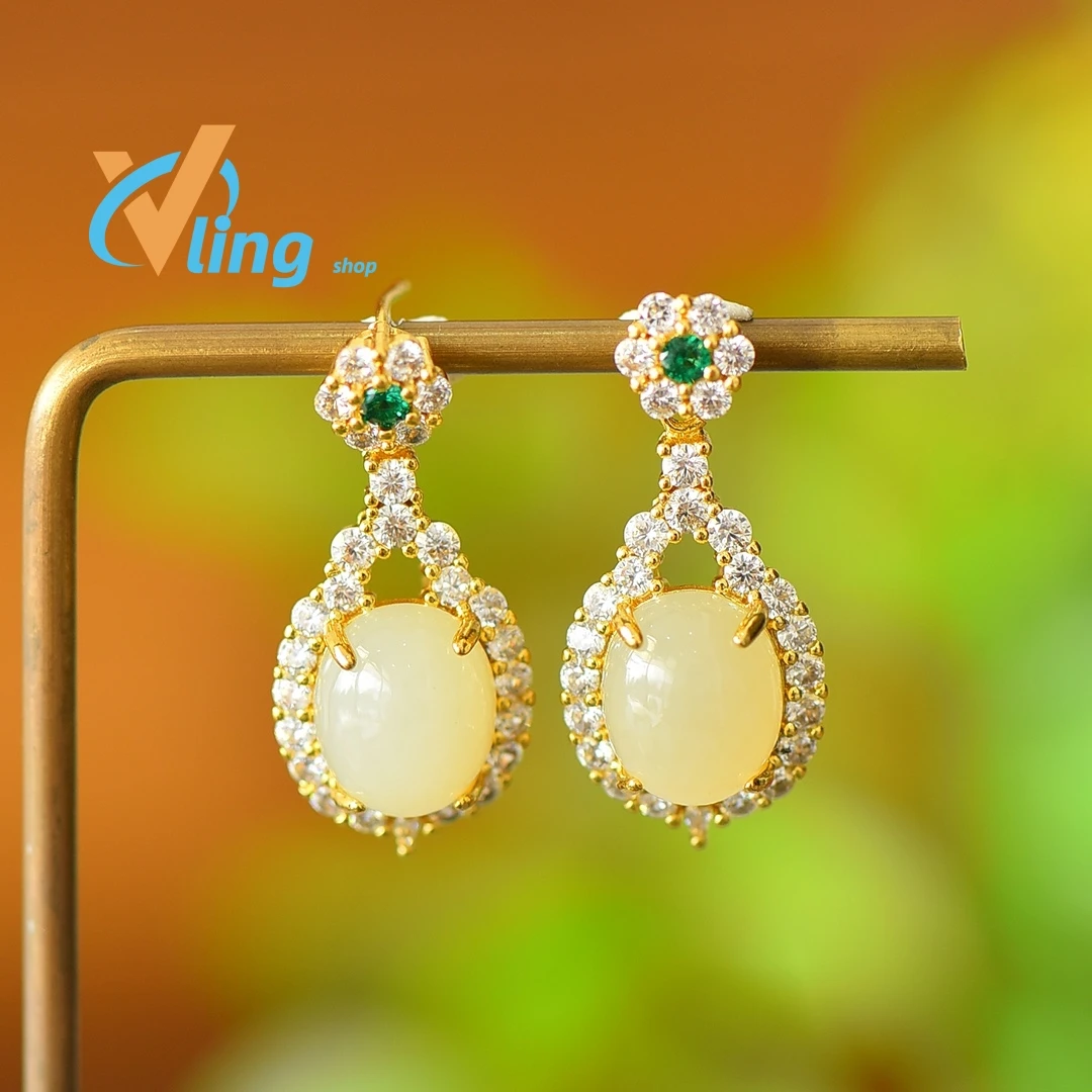 

Unique Temperament Advanced Earrings Copper Inlaid Earrings White Jade Exquisite Fashion Pendant Personality Trend Hotan Jade