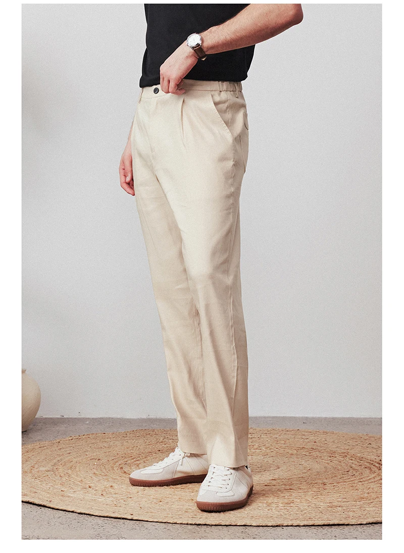 กางเกงผ้าลินินธรรมชาติ 100% ผู้ชายสีดำเรียบง่ายอารมณ์หรูหราธุรกิจลำลองผู้ชายสบายเย็นเสื้อผ้าระดับไฮเอนด์