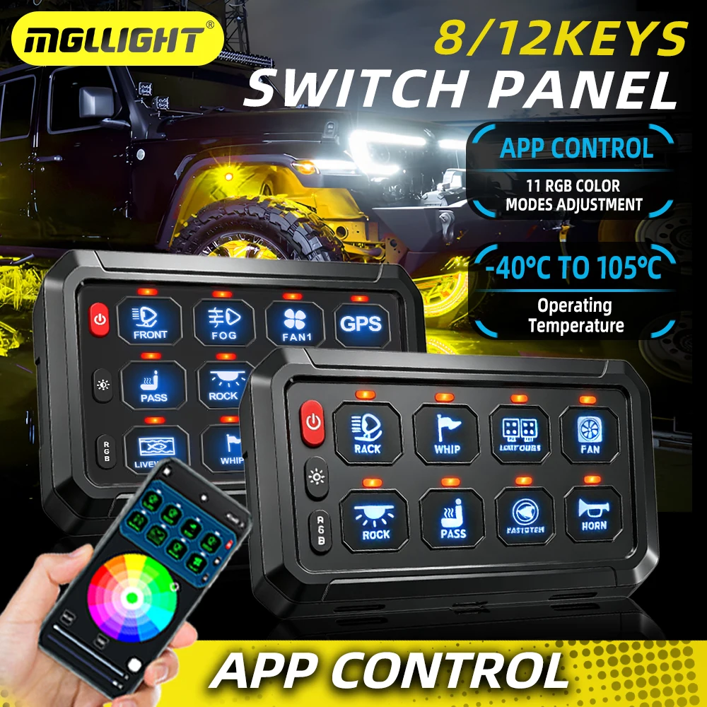 colight Universelles 8/12-Gang-Schalterpanel mit APP-Steuerung, RGB-Beleuchtung, Momentan- und Pulsmodi, wasserdichte Relais-Steuerbox für 12-24V 4x4 UTV ATV SUV Boot Offroad-Nutzung