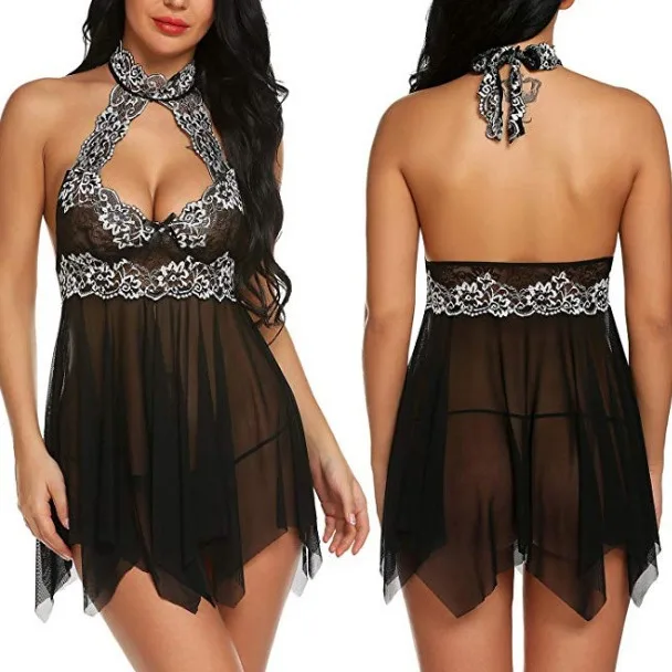 

Sexy lace top, see through nightgown, suspender neck, lace up pajamas, bright and colorful women's short collection group