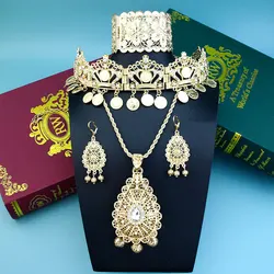 Sunspicems Gold Color Aglerian Bride Jewelry Set Arab Women Cuff Bracelet Hairchain Hair Jewelry Drop Earring Sunflower Necklace