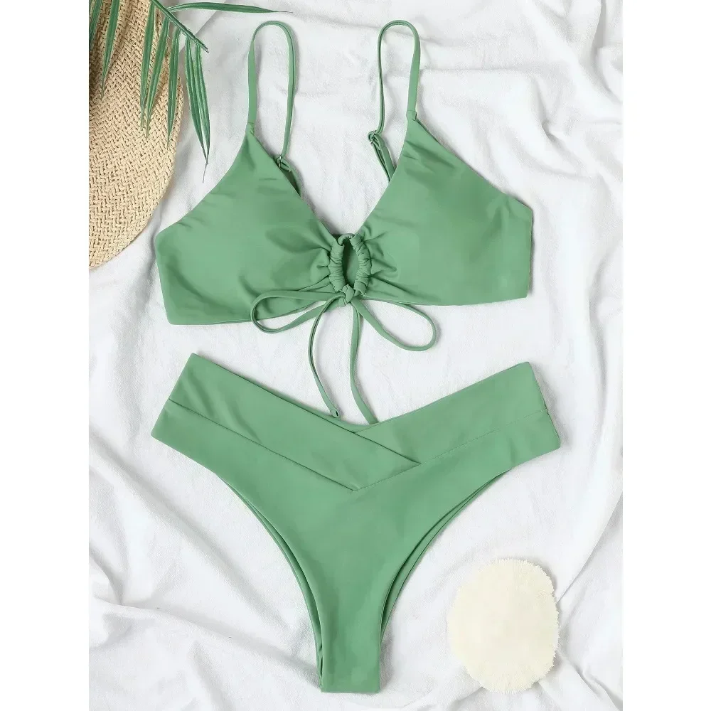 New High Elastic Bikini Set for 2024 Summer Two Pieces Solid Color Lace-up Sexy Women Swimsuit Beach Bathing Suit Swimwear