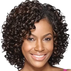Women's Natural-Looking Curly Afro Wig, Kinky Synthetic Curl Enhancing Hairpiece, Short Brown Afro Curly Wig with Bangs