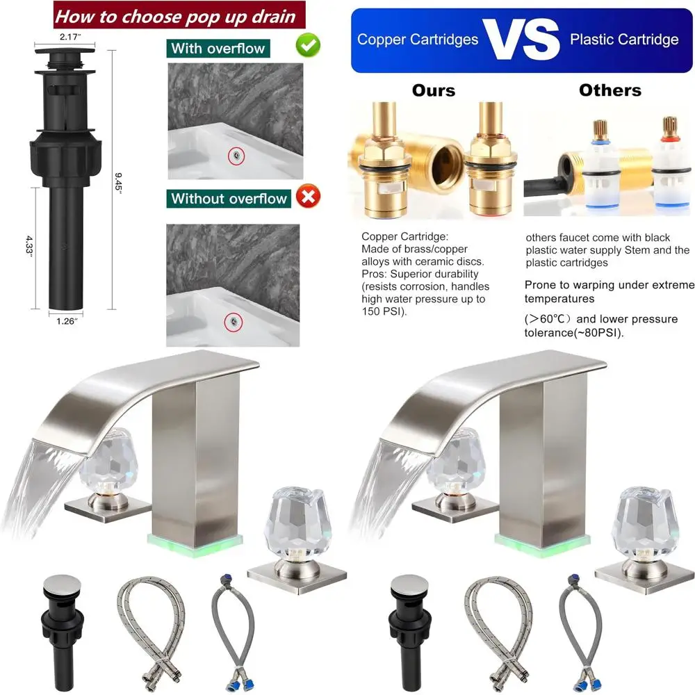 

СВЕТОДИОДНЫЙ водопадный смеситель для раковины из матового никеля с 3 отверстиями и сливом, 8