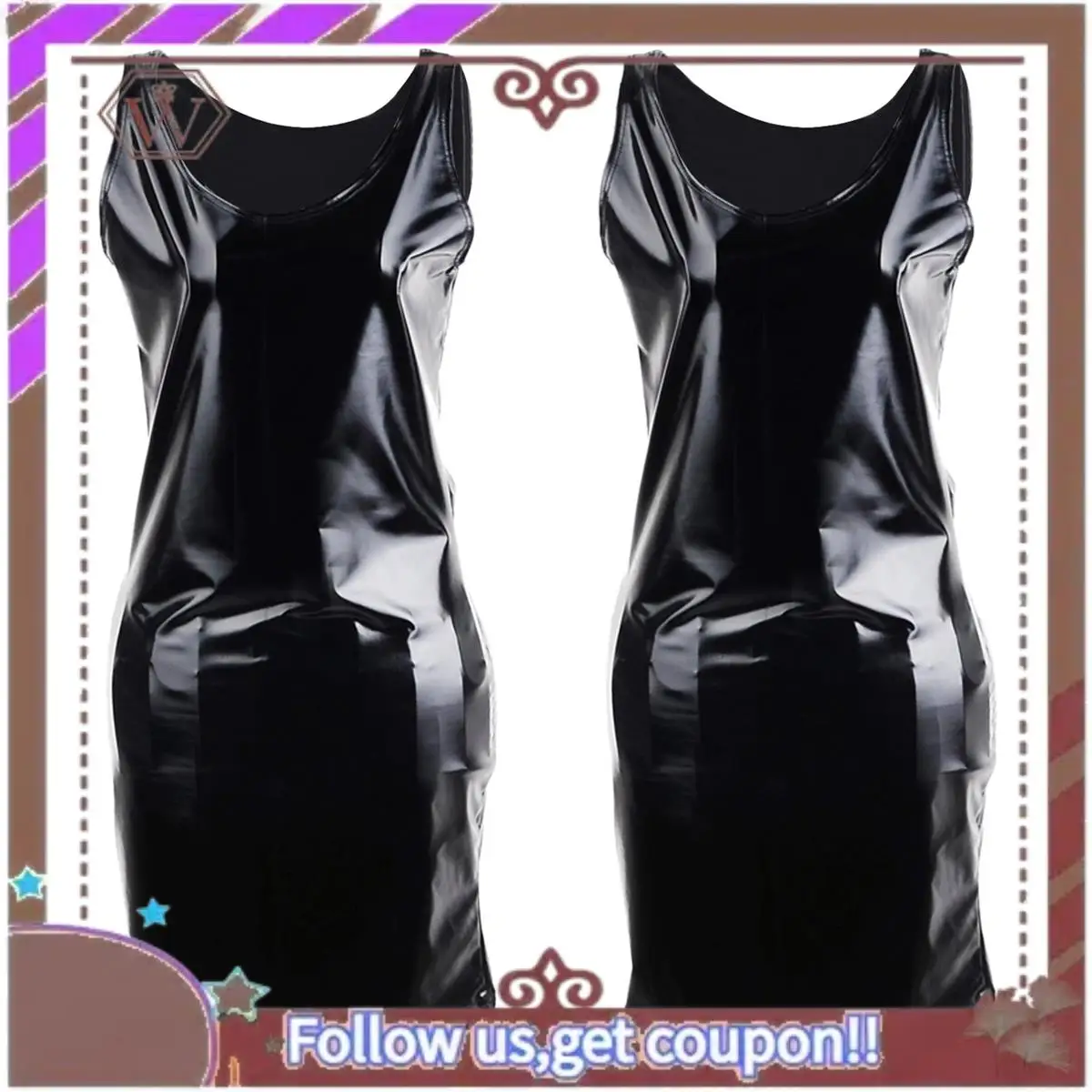 (Novo)-2X Minivestido feminino metálico de couro sintético preto