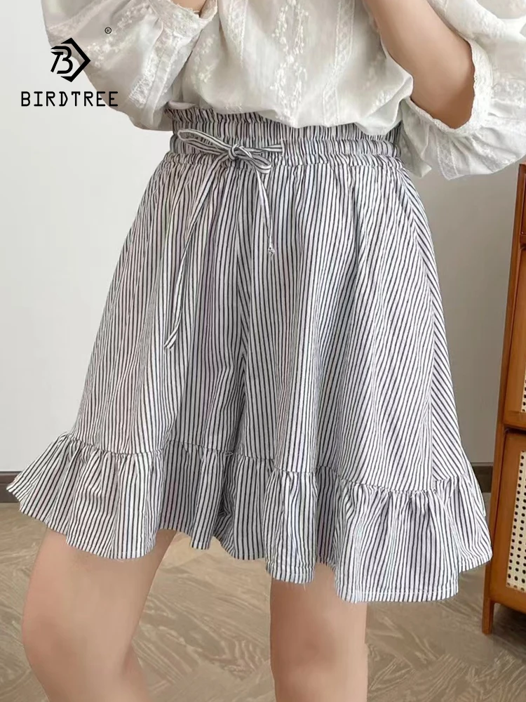 

New Summer Cotton Retro Wide Leg Shorts Women Elastic Waist Striped Ruffled Loose Trousers Girl Sweet Pants 2024 Fall B47474QC