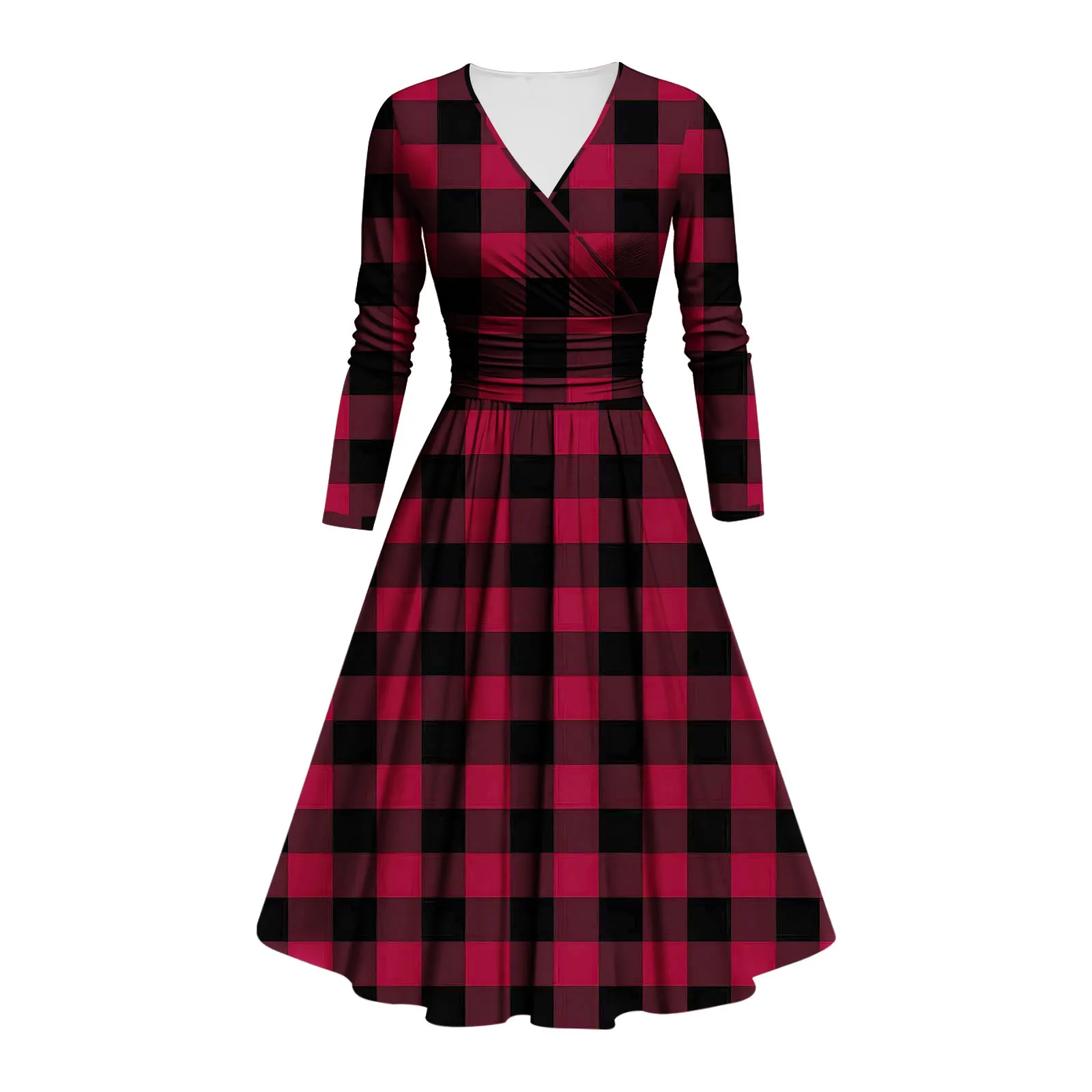 

Vintage Plaid Print A-line Dresses Women Spring Autumn New V-neck Folds Long Sleeve Dress Fashion Elegant Lady Commuting Vestido