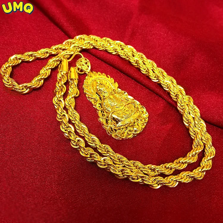 Cadena chapada en oro puro de 24K para hombre, collar de cuerda de cáñamo Guanyin de lujo, joyería de Color amarillo de 18k, 100%