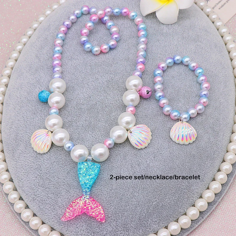 2/5Pcs Children Girls Princess Fashion Cartoon Cute Mermaid Tail Pearl Necklace Bracelet Ring Earrings Set Girls Baby Accessorie