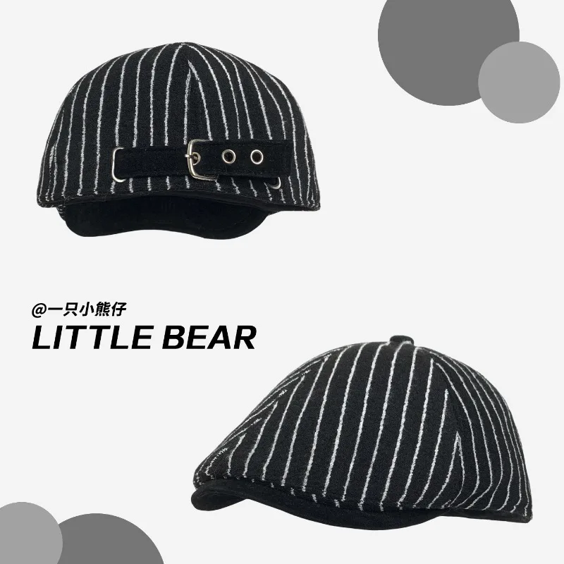 

Japanese Retro Color Matching Striped Short Plush Berets for Women Spring Autumn Casual Versatile Literary Painter Hats Men