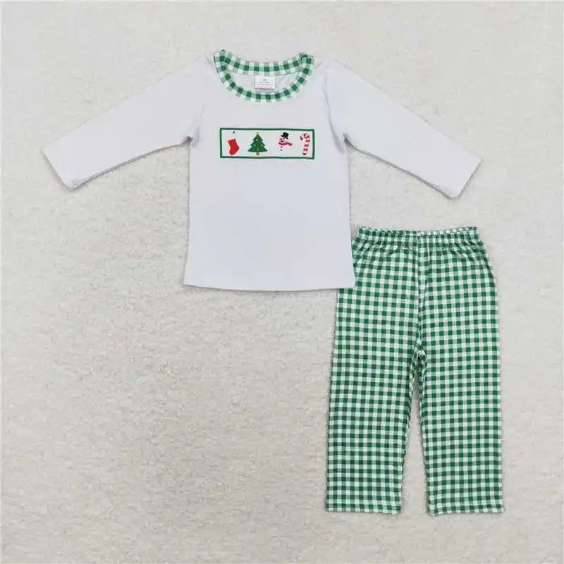 Winter Toddler Baby Boys Christmas Tree Blue Long Sleeve Green Plaid Pants Suit Wholesale Boutique Children RTS