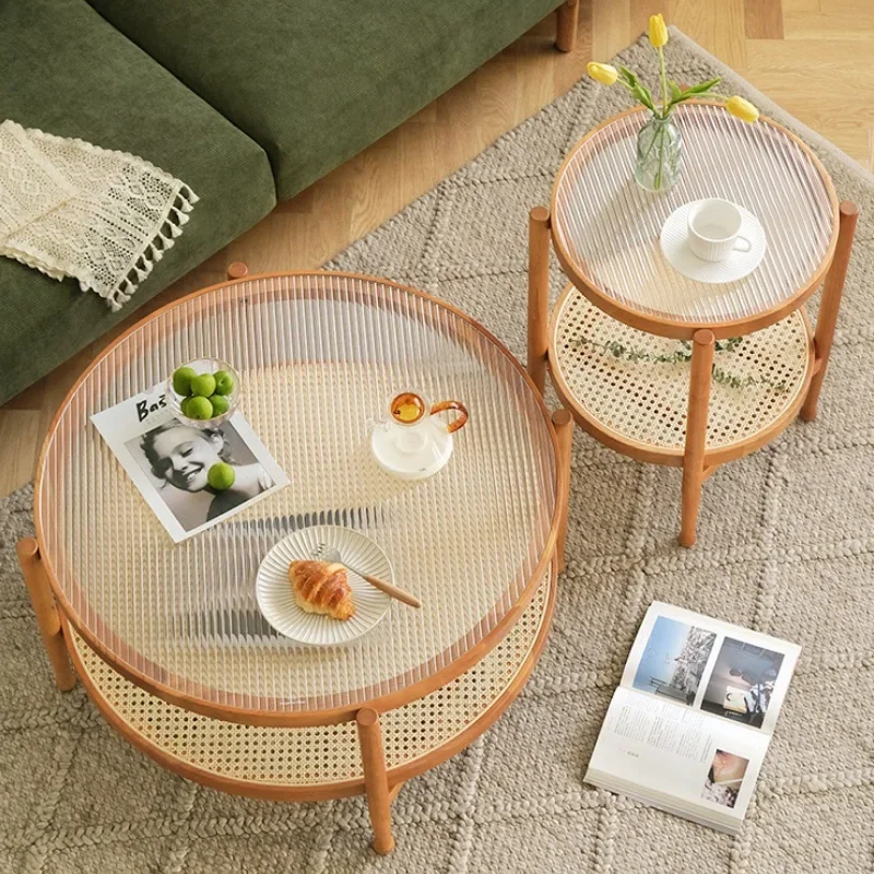 ins rattan coffee table, Nordic small apartment living room, round Changhong glass combination, Japanese balcony solid wood