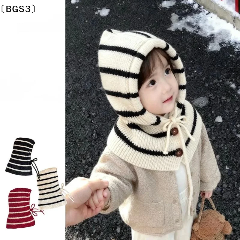 〔BGS3〕Kids Autumn-Winter Warm Thick Knit Hat Scarf Set Versatile Wool Knitted Ear Protector Cap Skullies For Boys And Girls