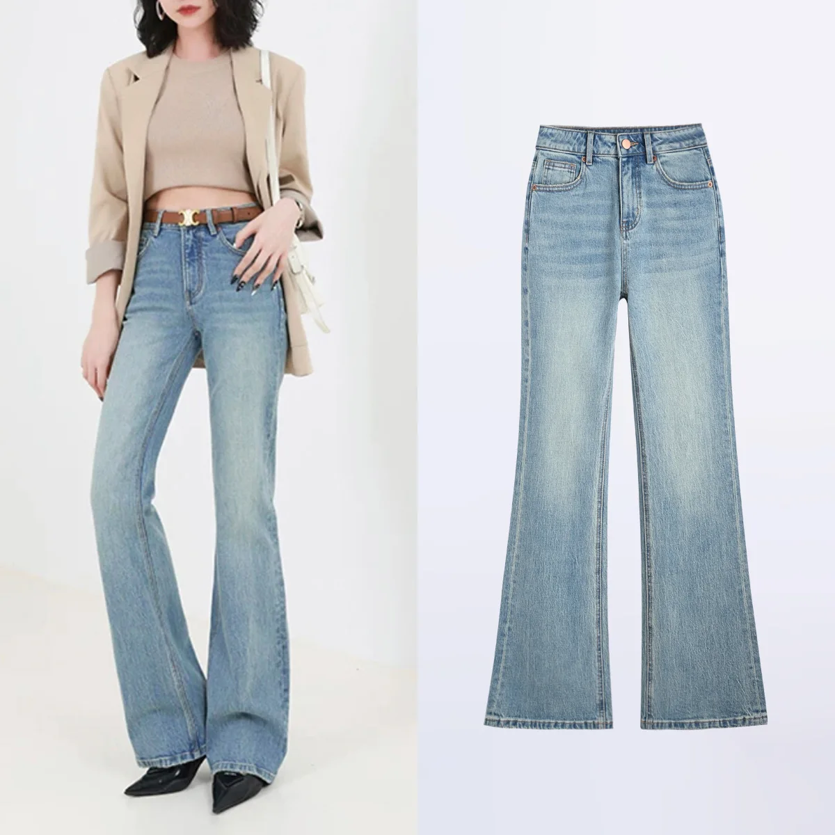 

High Street Fashion New Four Seasons Women Washed Retro Jeans Temperament Slimming Wash Slightly Flared Pants for Women Pants