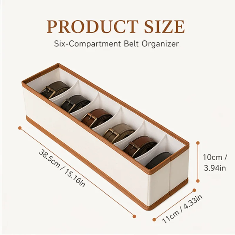 Belt Organizer Storage Box 6 Compartments Leather Style Closet Drawer Organizer for Belts Ties Scarves Accessories view 2