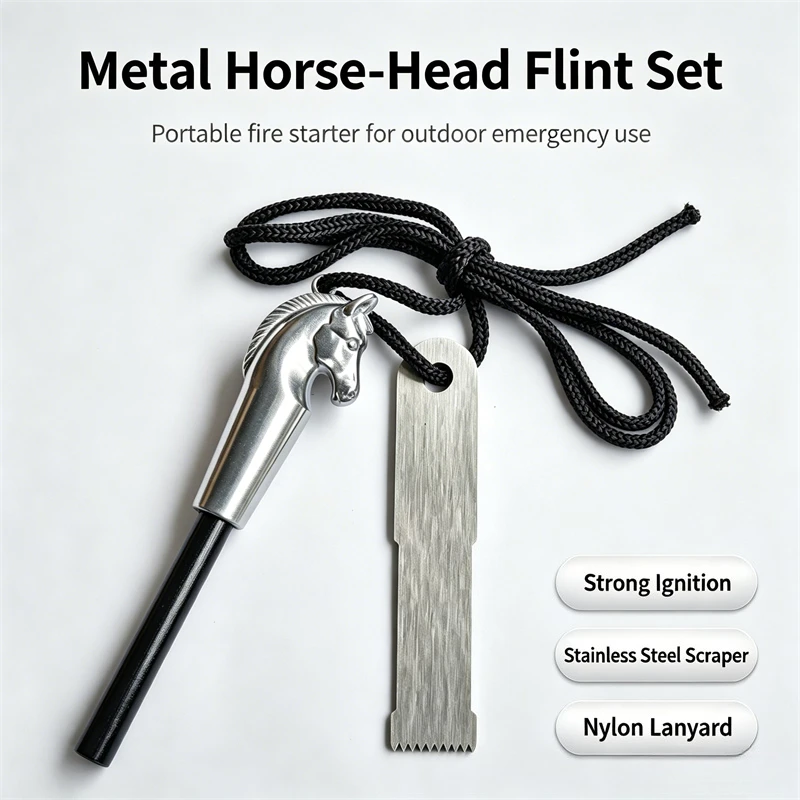 Horse‑Head Fire Starter Solid Magnesium Rod Flint Waterproof Igniter Outdoor Survival Fire Tool for Camping  Emergency Adventure