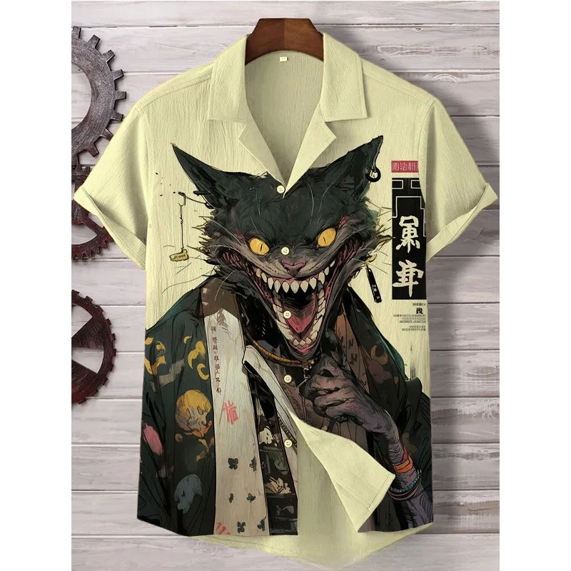 Męska zabawna patriotyczna szata Warrior Cat Art Print Linen Blend Shirt Harajuku Shirt Hipster Warrior Cat Button Down Casual Shirts