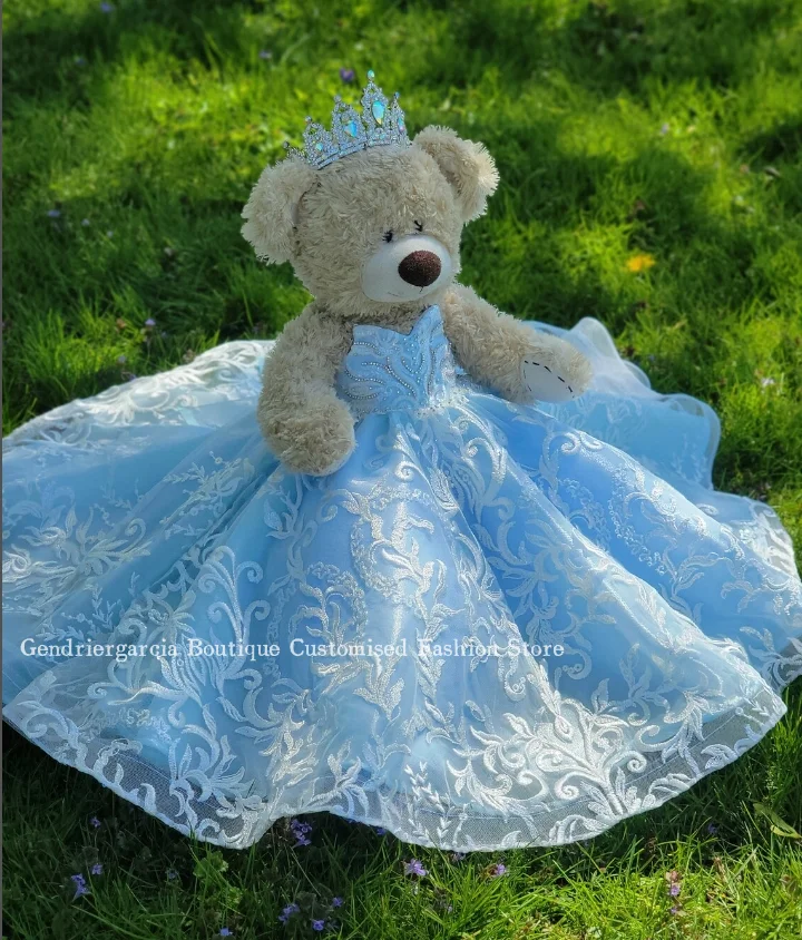 Sky Blue Mini Quinceanera Teddy Bear Gowns Elegant Sheath Tulle Beaded Appliquéd Vestidos de quinceañera Gowns Customised