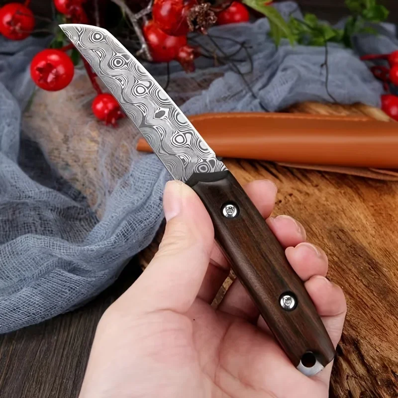 The new Damascus steel outdoor knife, portable EDC pocket knife with scabbard, is suitable for outdoor camping and travel