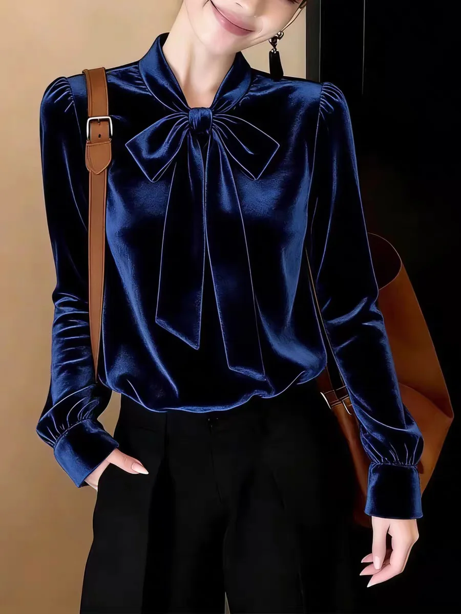 Elegant Long Sleeve Velvet Shirt Women's Slimming Top High-End Feelings Velour Blouse for Autumn Winter plus Size Commute view 6