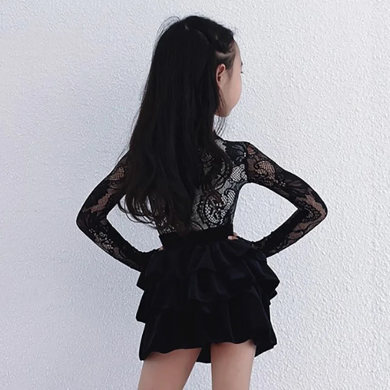 Adult Women Lace Print Latin Dance Bodysuit and Cake Skirts Professional National Standard Social Rumba Dancewear Costumes
