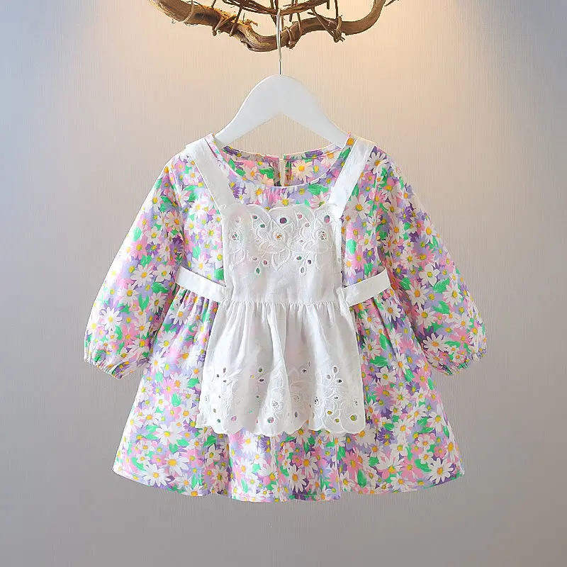 Girls' Floral Printing Two-piece Cover A-line Dresses Round Neck Zipper Nine Points Sleeve Casual Kids Clothes Princess Dress