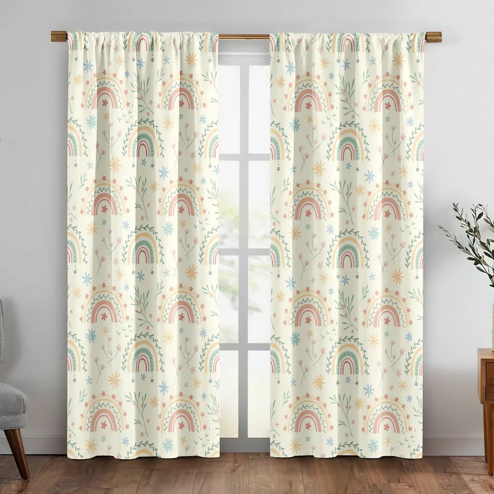 Boho Rainbow Arch Floral Pattern Curtains Set for Nursery Room Bedroom Cute Cottagecore Style Window Drapes Privacy Blinds