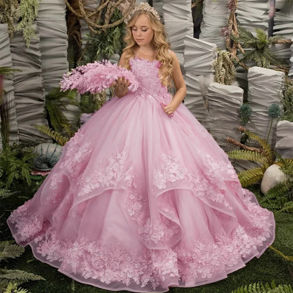 

Pink Lace Tulle Flower Girl Dress Ruffles Emboridery Elegant Princess Communion Birthday Party Ball Gown Beauty Pageant Wear