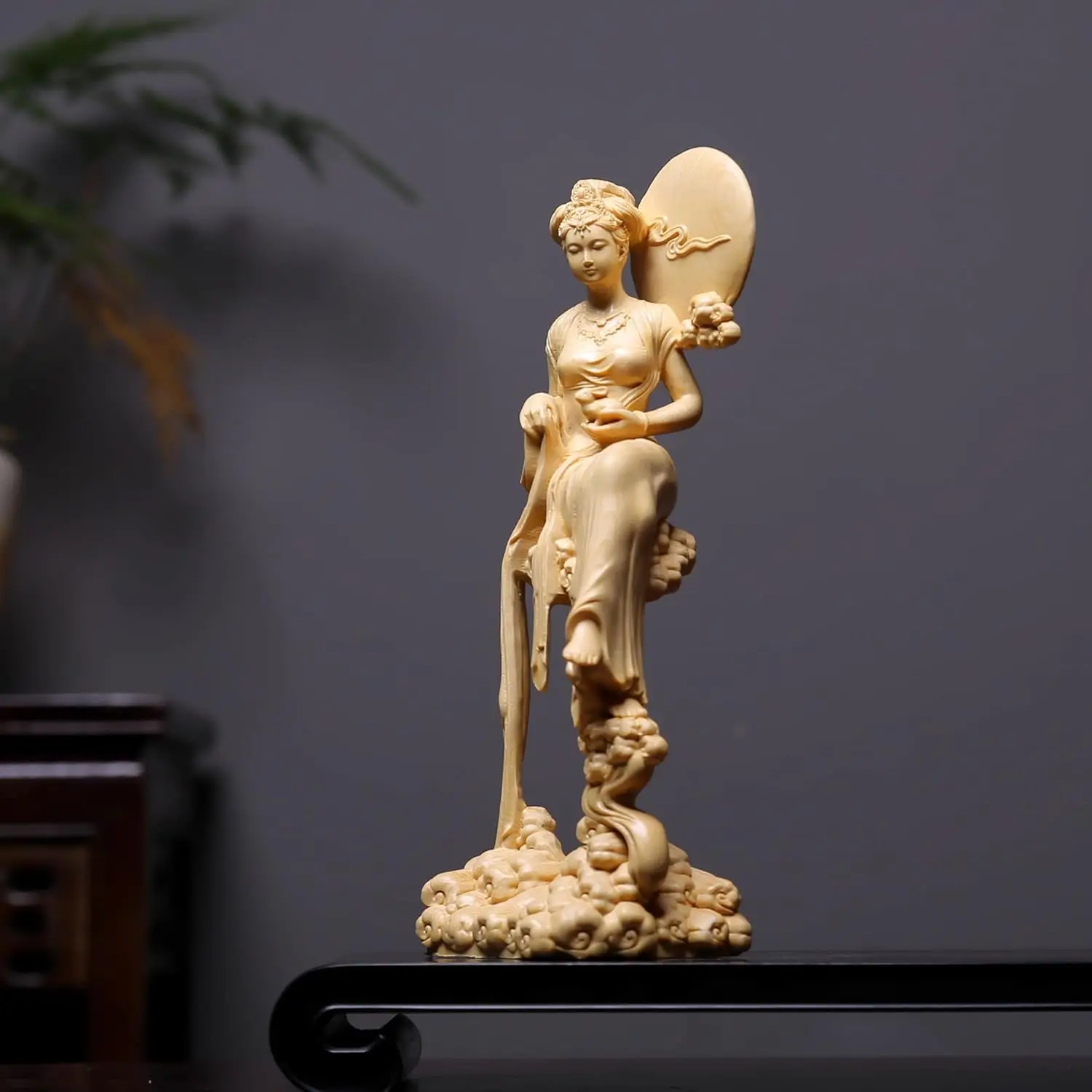 Finely Crafted Cypress Wood Chang'e Goddess Statue – Chinese Celestial Maiden Holding Jade Rabbit, Elegant Home Decor Figurine