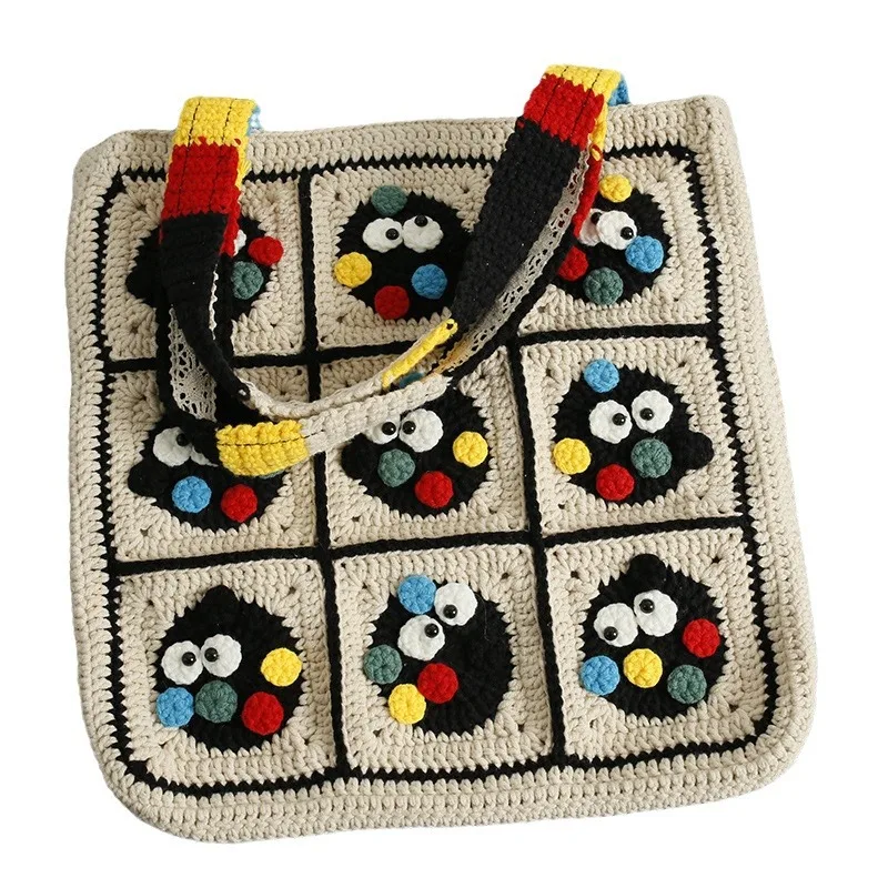 Cartoon cute hand-woven shoulder bag, women's wool crocheted grandmother checkered bag, summer handmade women's bag