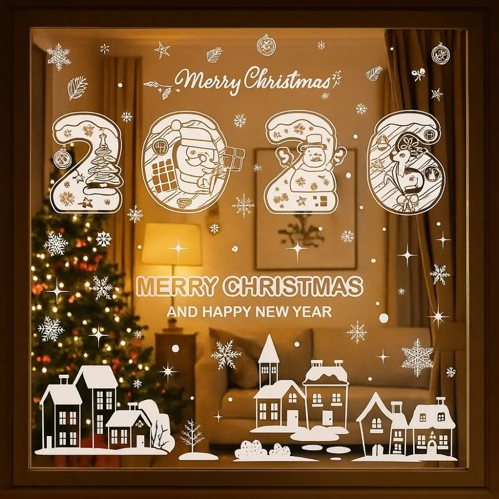 Santa Claus Christmas Window Sticker Elk Snowman Cartoon Electrostatic Glass Sticker PVC DIY Decal 2026 Merry Christmas Sticker
