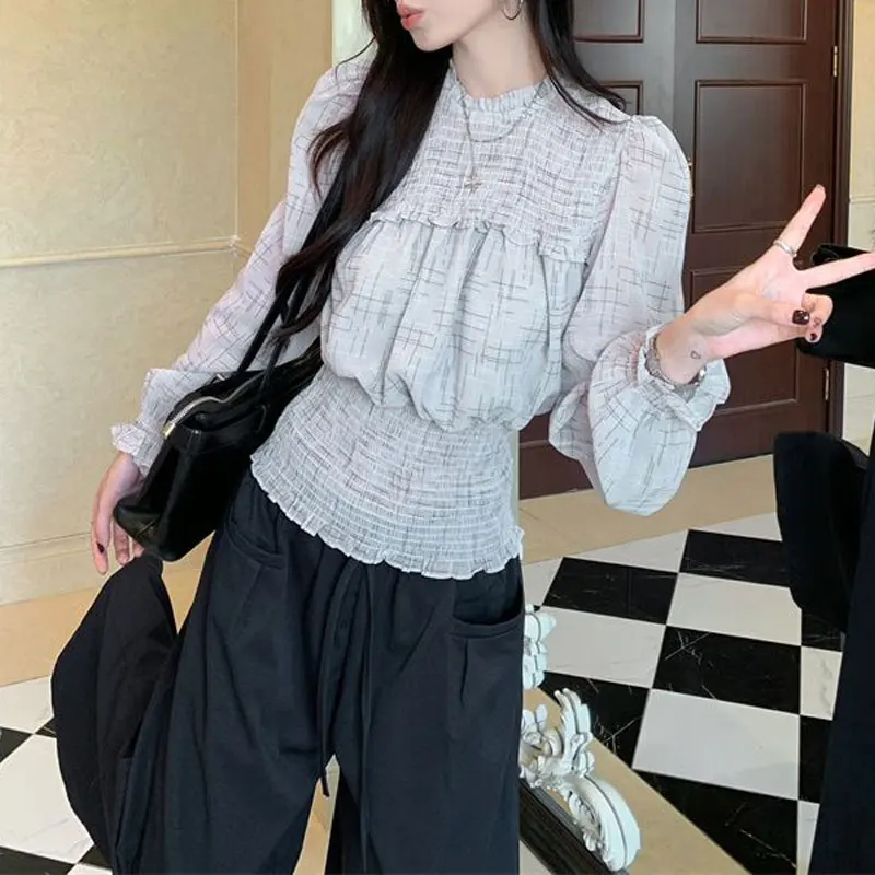 Women Round Neck Ruffle Smocked Waist Blouse Plaid Texture Puff Long Sleeve Autumn  Printed Chiffon Cropped Waist Shirts