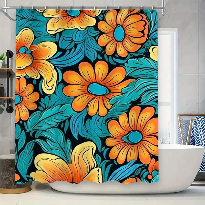 

Яркие цветные занавески для душа с цветочным дизайном, с оранжевыми цветами и сине-зелеными листьями, могут освещать любую ванную комнату.
