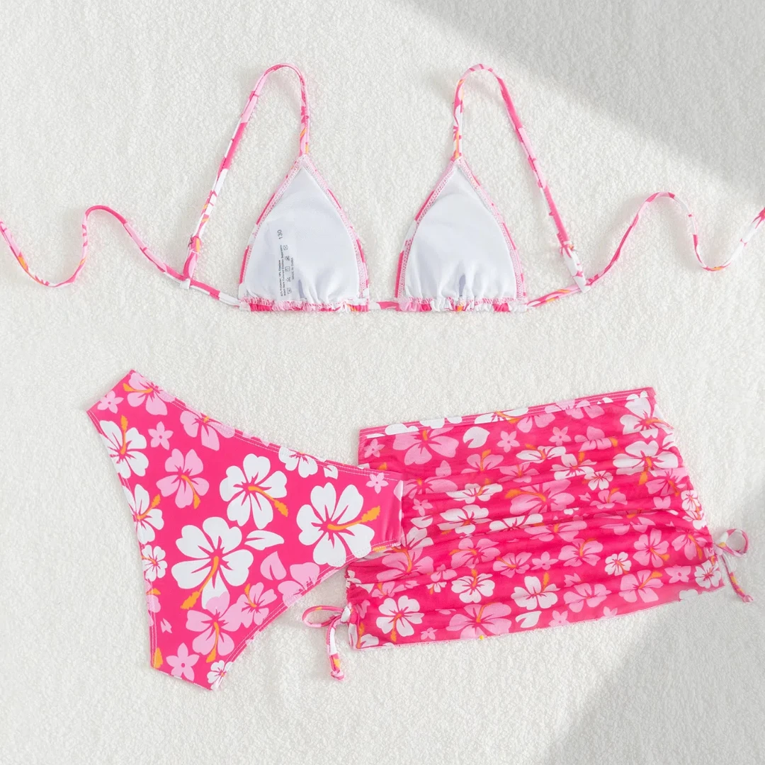Girls 3pack Flower Bikini Sets Kids Swimsuit& Beach Skirts 7-14 Years Children's Swimwear 2025 Teens Child Girl Bathing Suit