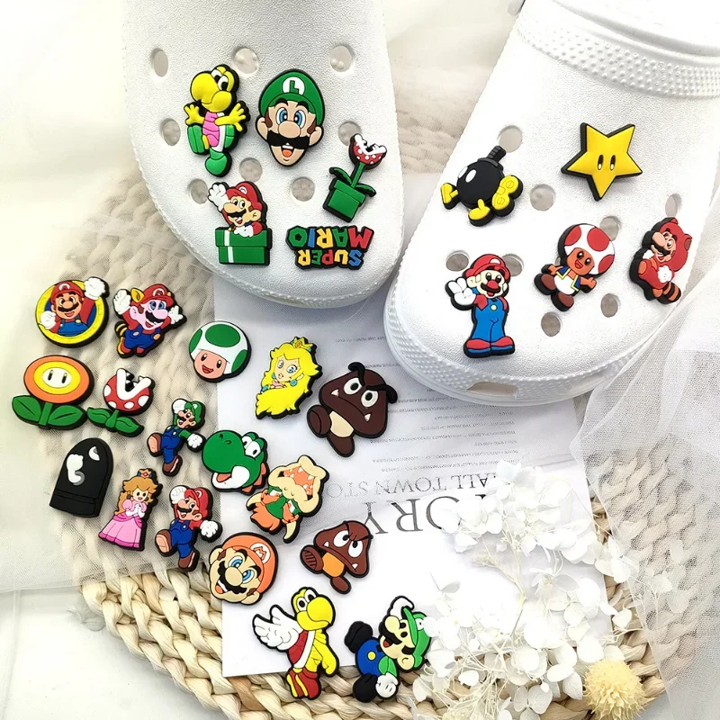 27pcs Super Marios Bros Anime Figure Luigi Yoshi Shoes Buckle Cute Cartoon Croc Shoes DIY Hole Slipper Decor Gift