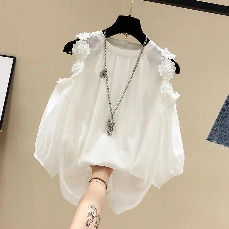 Flower Off Shoulder Chiffon Women Short Sleeved 2024 Summer New Round Neck Korean Loose Solid Color Large Size All-match Tops