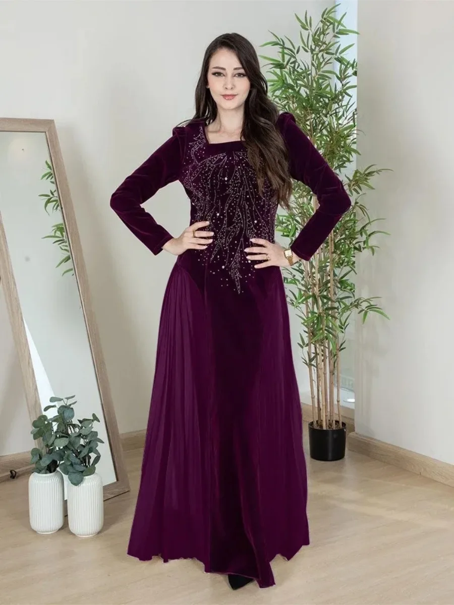 

Diamond Velvet Muslim Party Dress Women Eid Morocco Ramadan Chiffon Patchwork Vestidos Largo Kaftan Islam Dubai Arab Long Robe